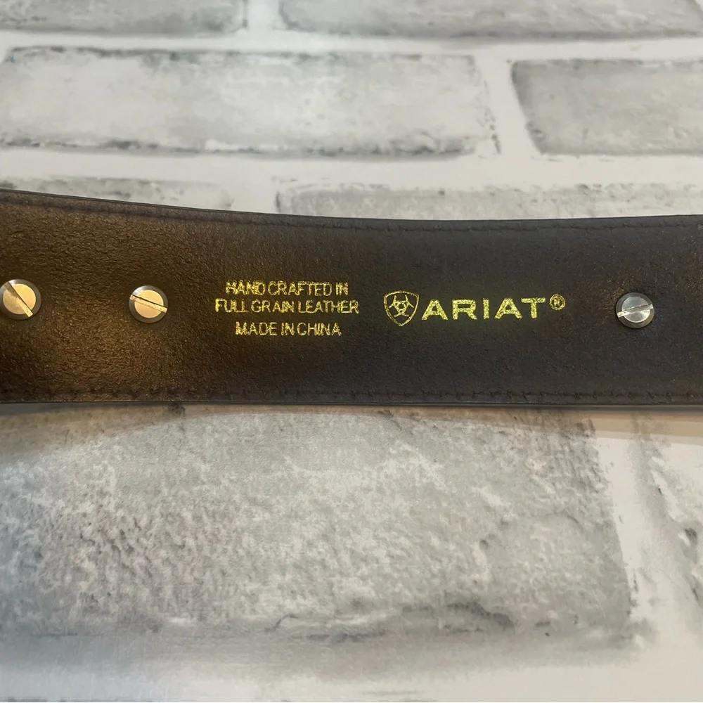 Ariat Two-Tone Tan and Brown Western Leather Belt with Ornate Silver Buckle. 38.